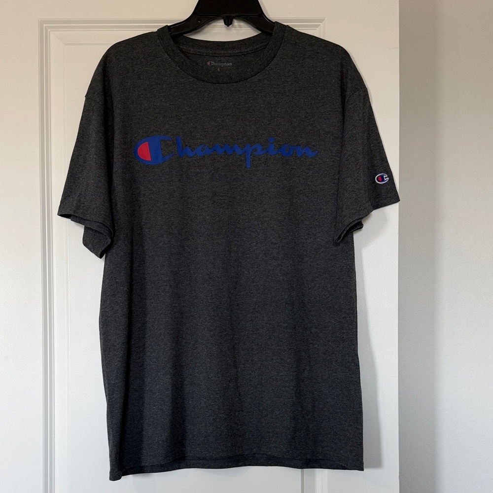 Champion Short Sleeve Logo Tee - Charcoal with Blue & Red Accent